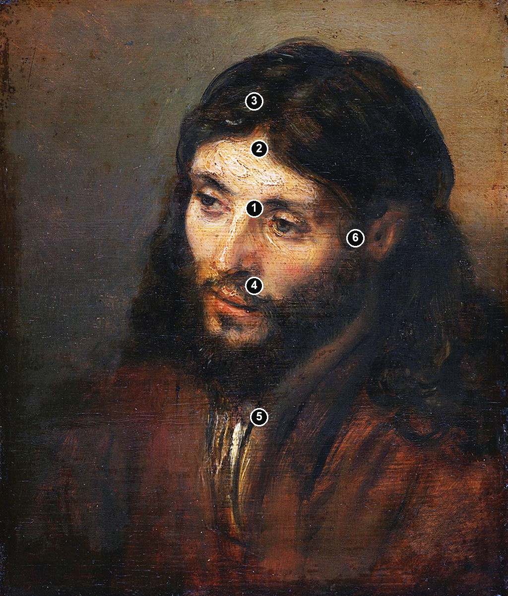 Annotated details from Head of Christ by Rembrandt van Rijn
